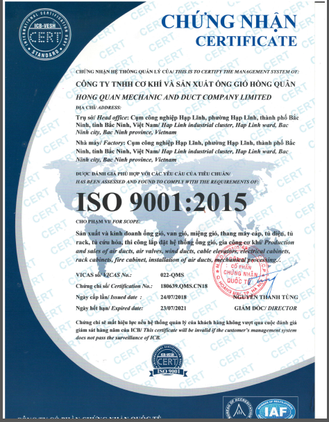 Hồng Quân chính thức đạt chứng nhận ISO 9001:2015